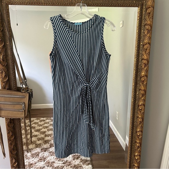 J. MCLAUGHLIN JENN STRIPED SLEEVELESS CREW NECK COTTON TIE WAIST SHEATH DRESS - Picture 5 of 7